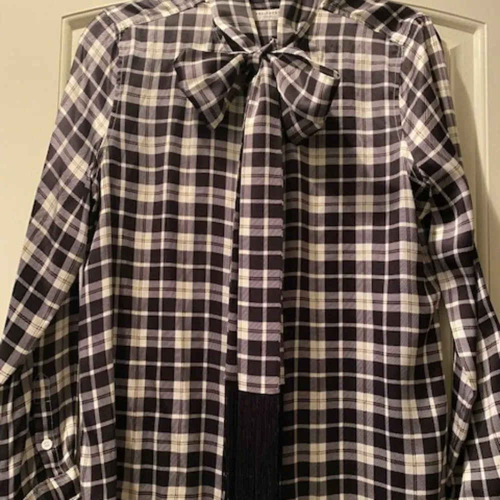 Equipment Plaid 100% Silk Tie Neck Fringe Top M